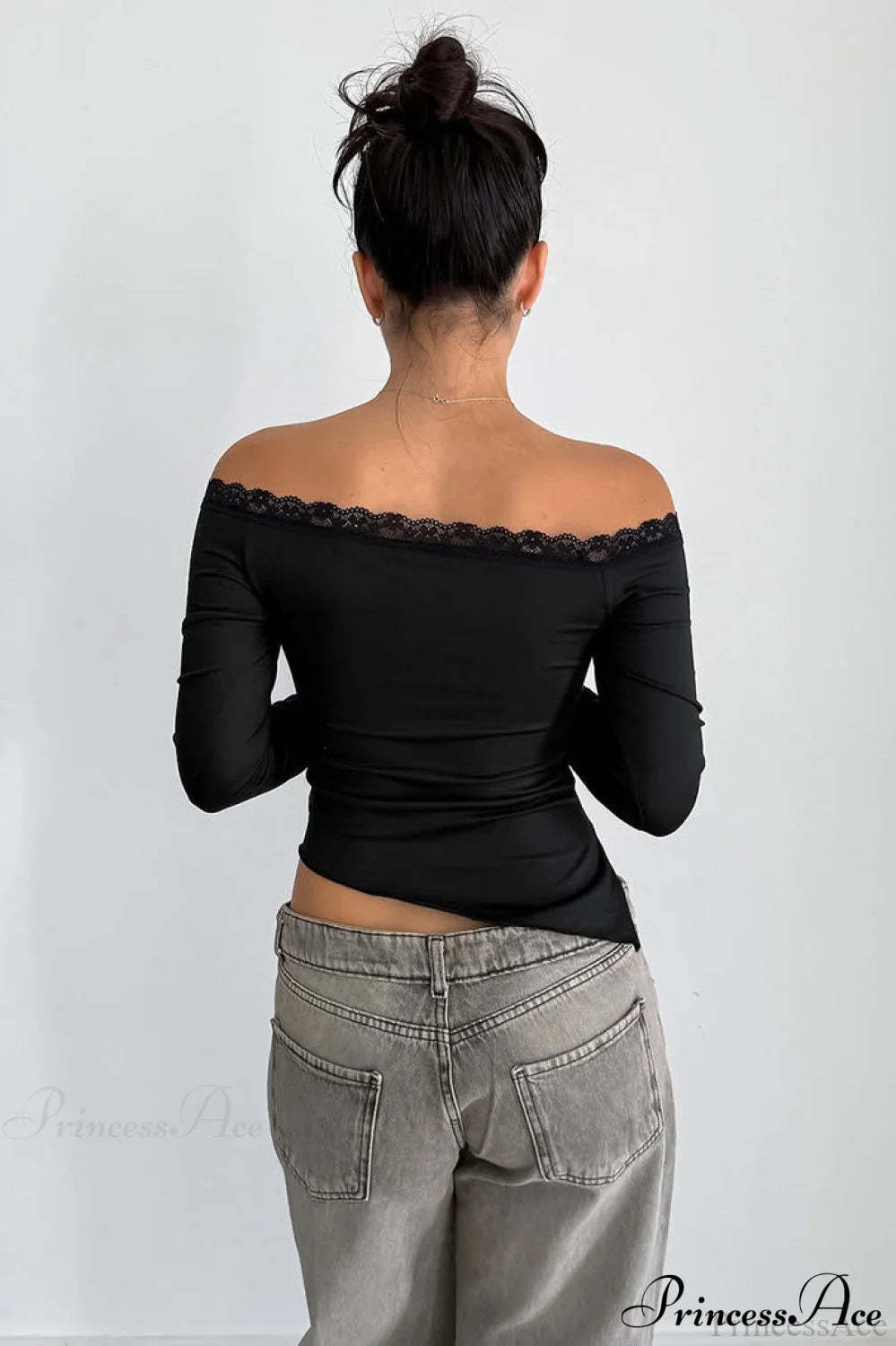 Lace Trimmed Off Shoulder Slim Long Sleeve Tee