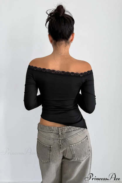 Lace Trimmed Off Shoulder Slim Long Sleeve Tee