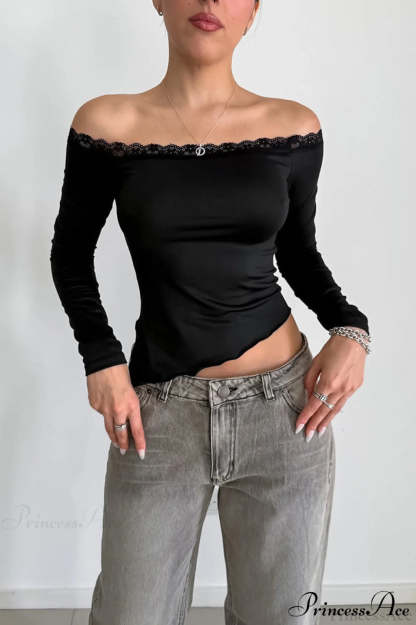 Lace Trimmed Off Shoulder Slim Long Sleeve Tee Black / S