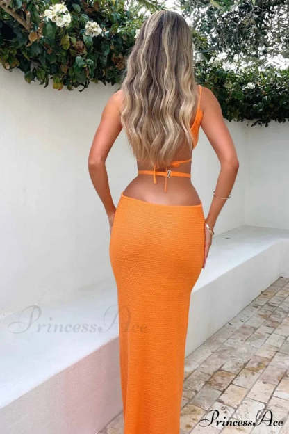 Lace Up Hollow Out Knitted Dress Maxi Dresses