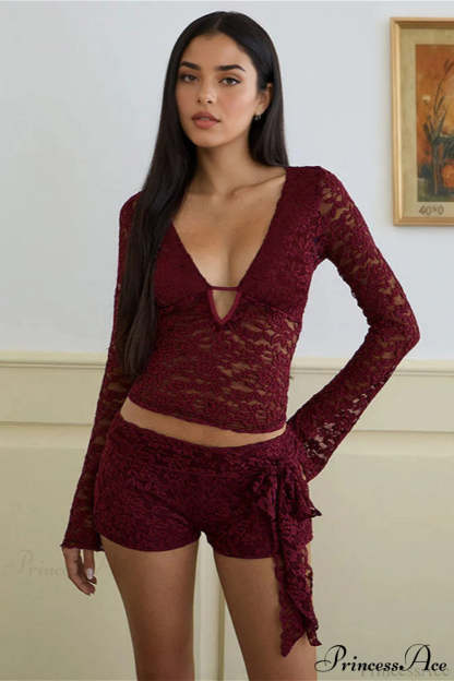 Lace V Neck Cutout Long Sleeve Tee