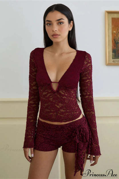 Lace V Neck Cutout Long Sleeve Tee Red / S