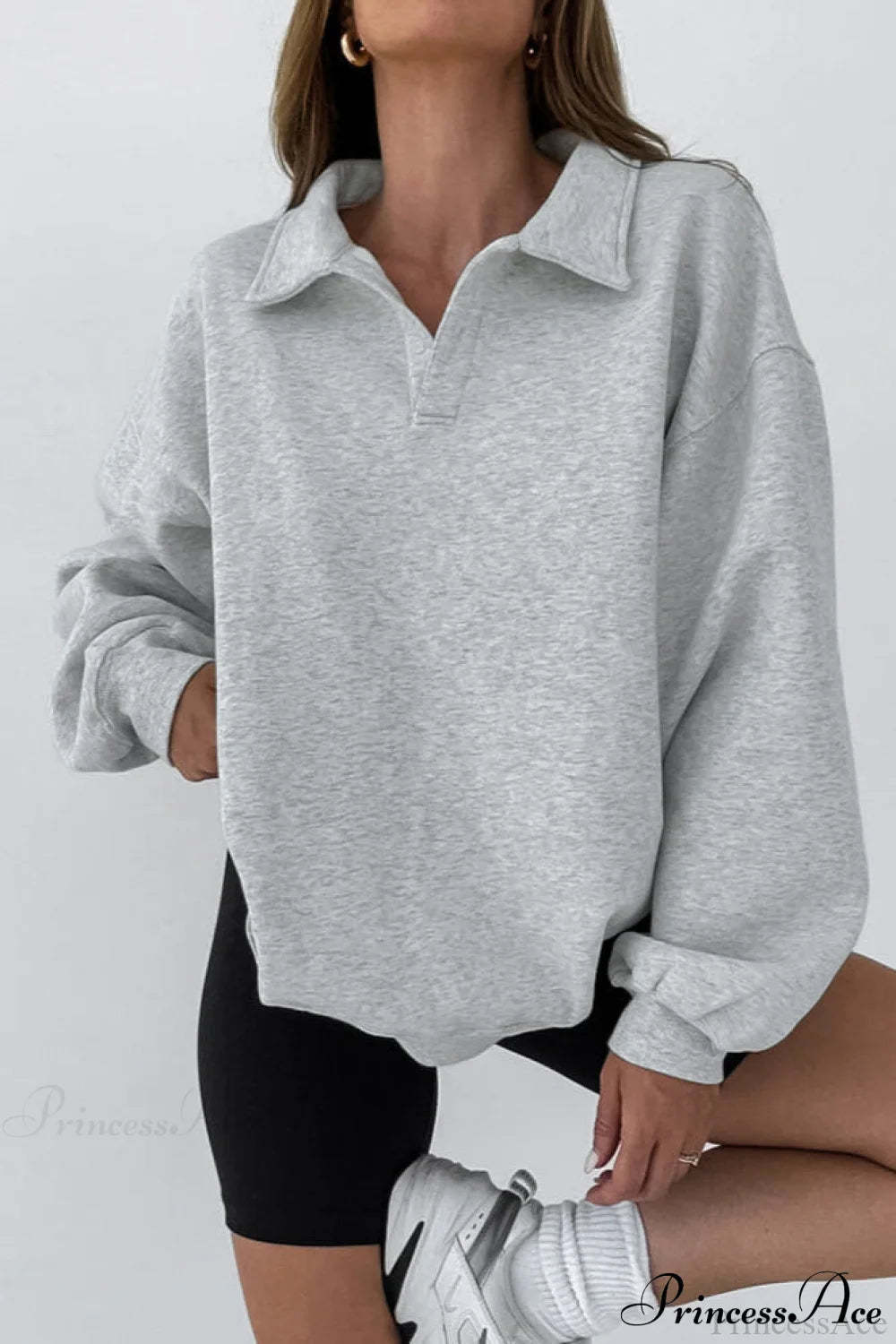 Lantern Sleeve Polo Collar Loose Sweatshirt