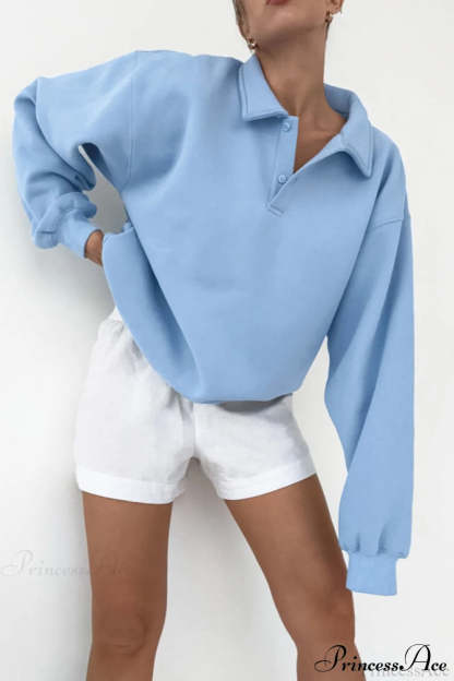 Lantern Sleeve Polo Collar Loose Sweatshirt Blue / S