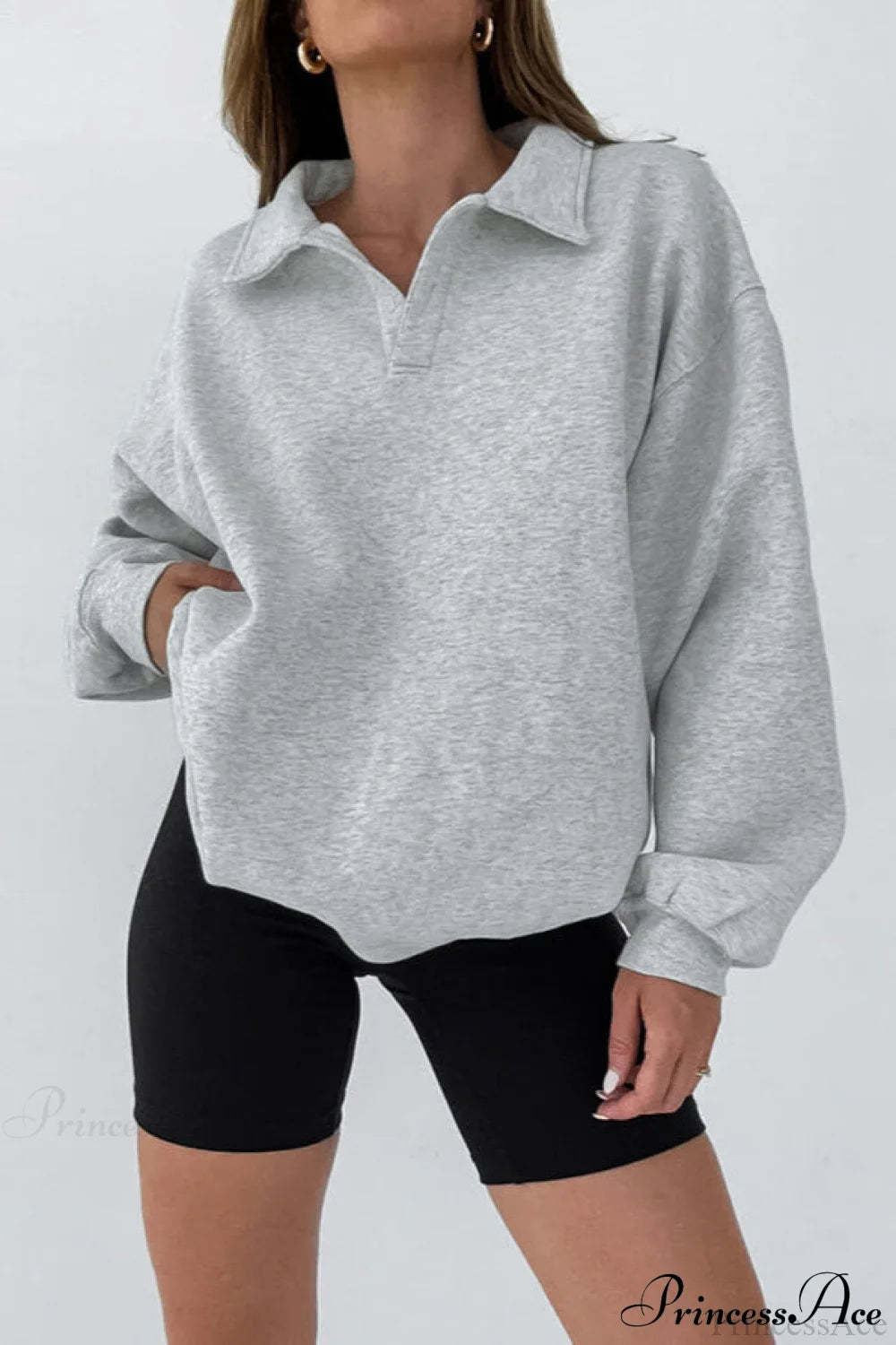 Lantern Sleeve Polo Collar Loose Sweatshirt Grey / S