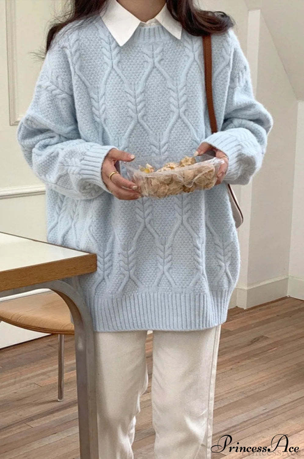 Lazy Style Candy-Colored Cable-Knit Sweater Blue / One Size