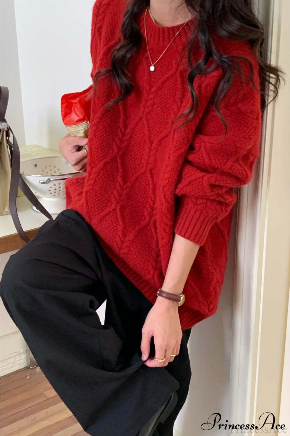 Lazy Style Candy-Colored Cable-Knit Sweater Red / One Size
