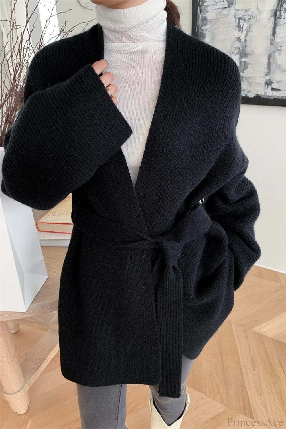 Lazy-Style Oversized Belted Knit Cardigan Black / One Size