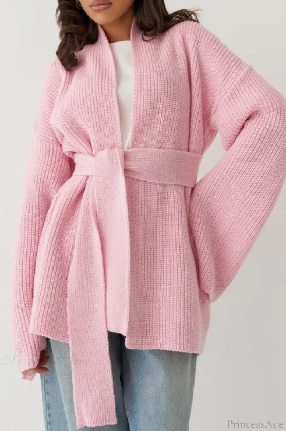 Lazy-Style Oversized Belted Knit Cardigan Pink / One Size