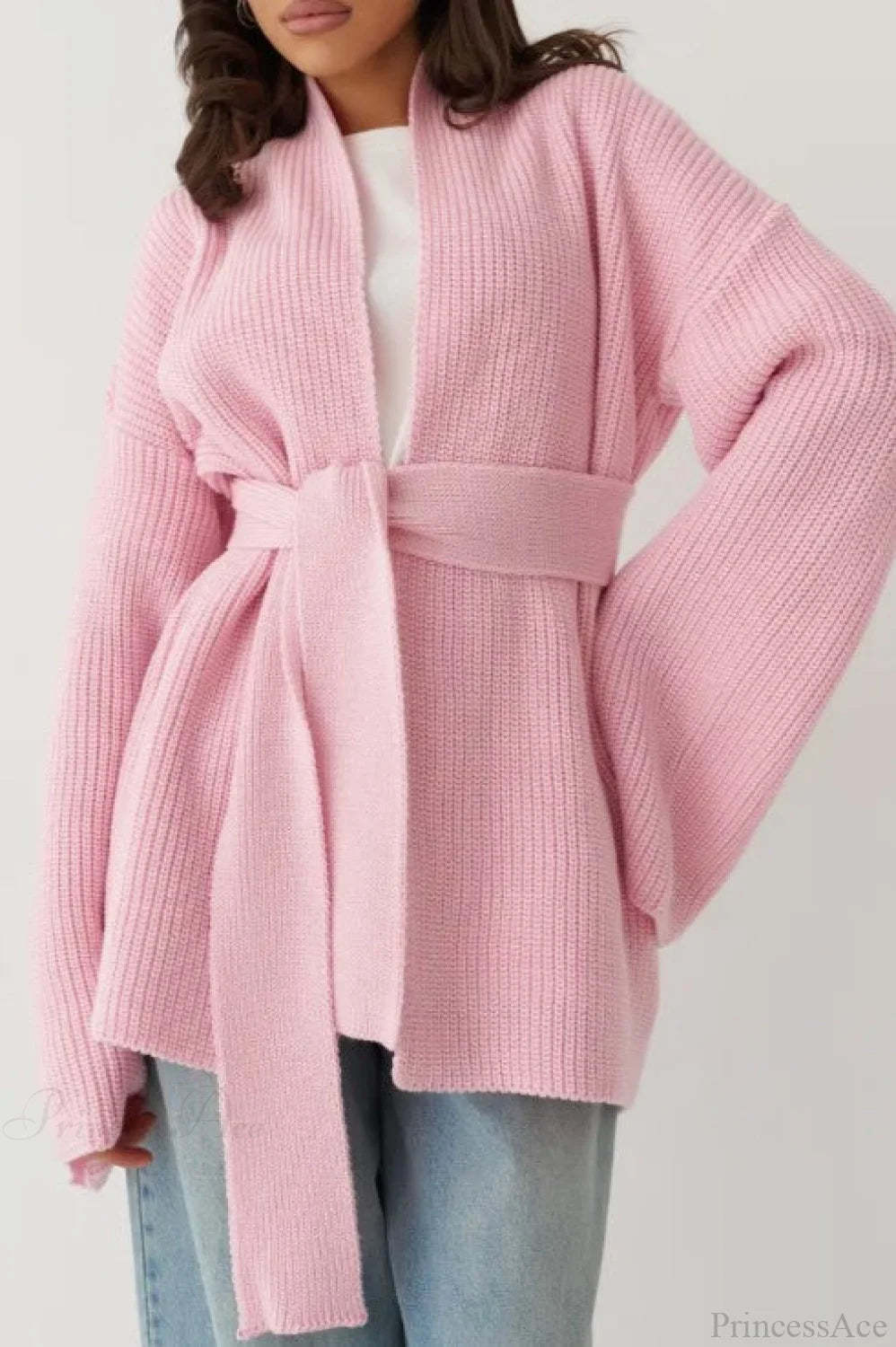 Lazy-Style Oversized Belted Knit Cardigan Pink / One Size