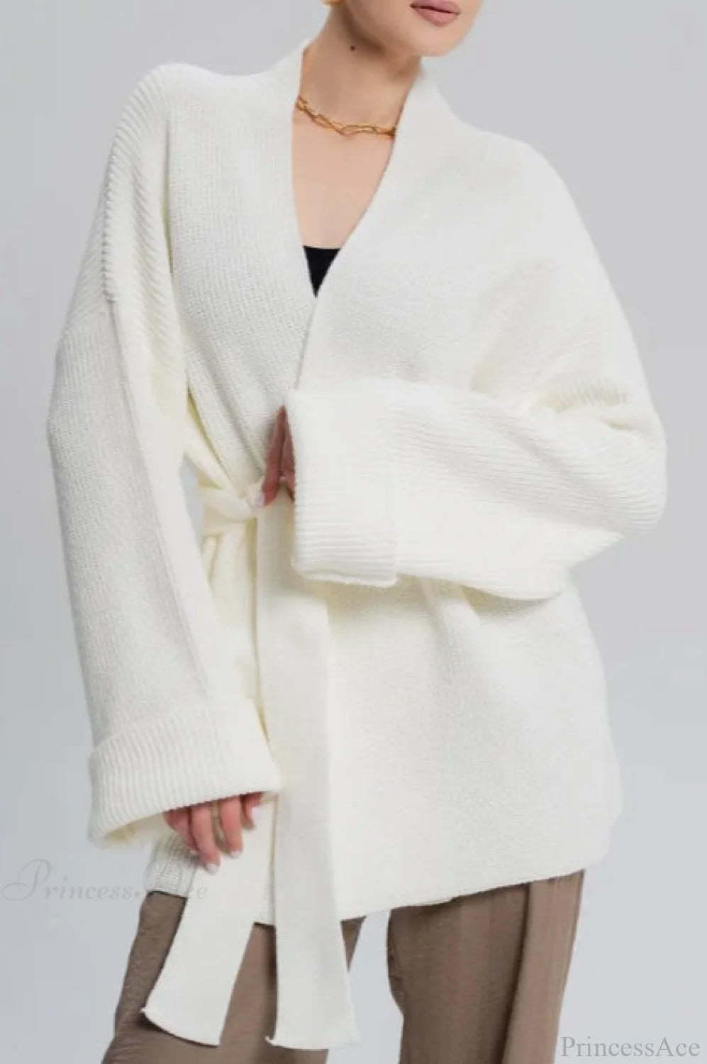 Lazy-Style Oversized Belted Knit Cardigan White / One Size