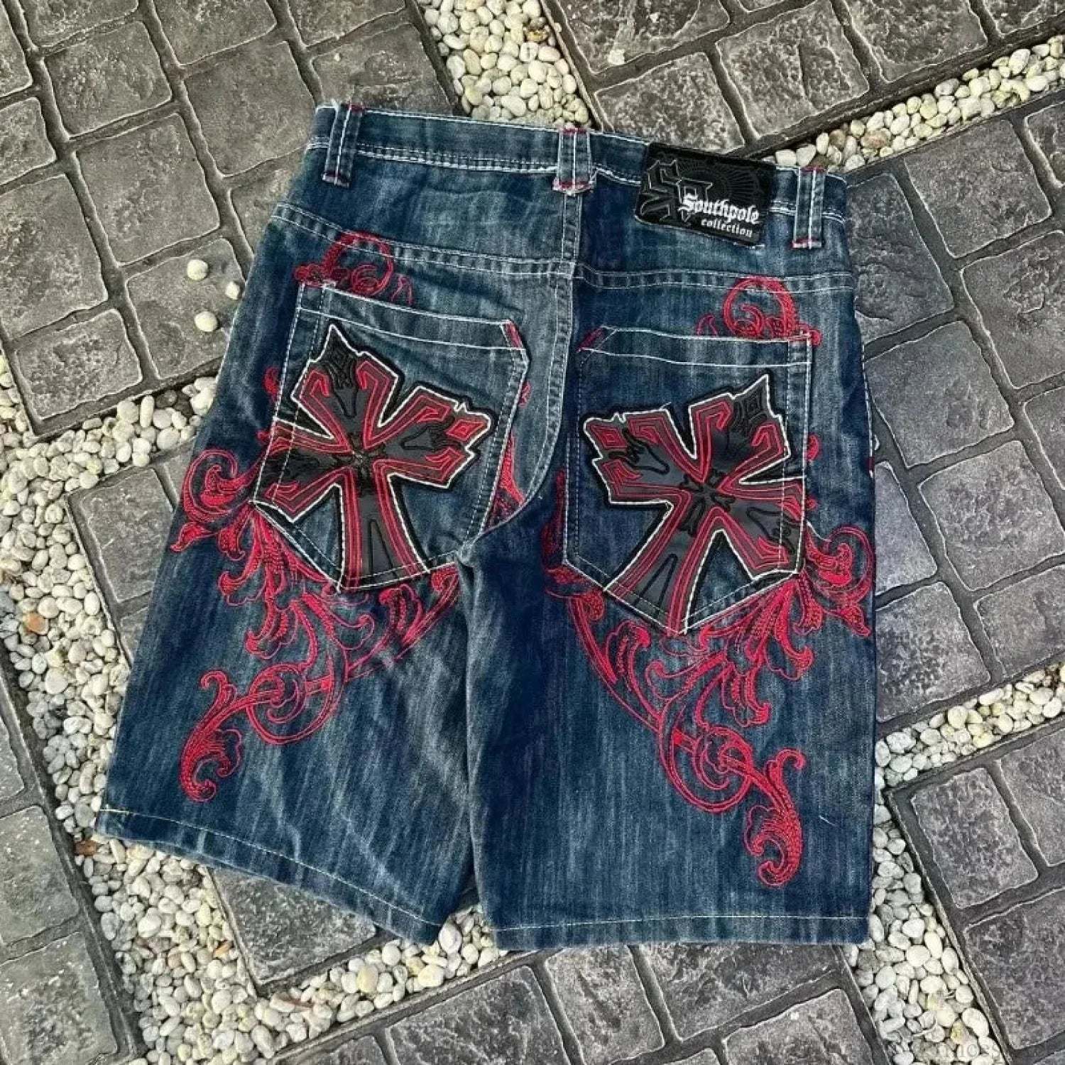 Leather Patch Embroidery Denim Short blue / S