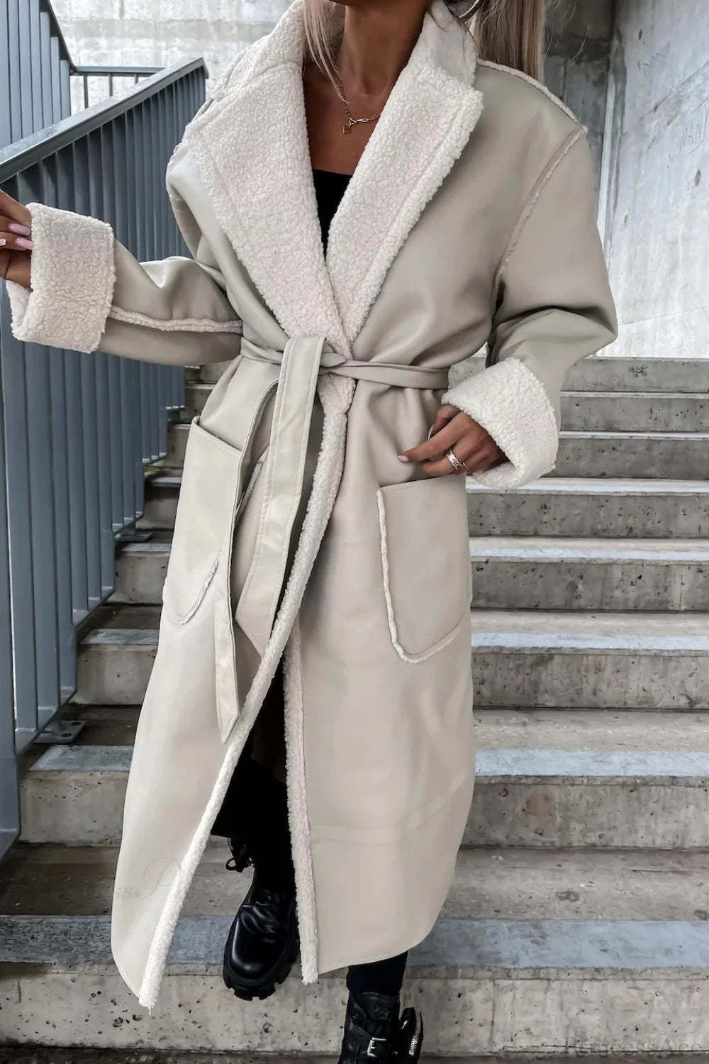 Leather Thickened Trench-Inspired Relaxed Tie Waist Overcoat