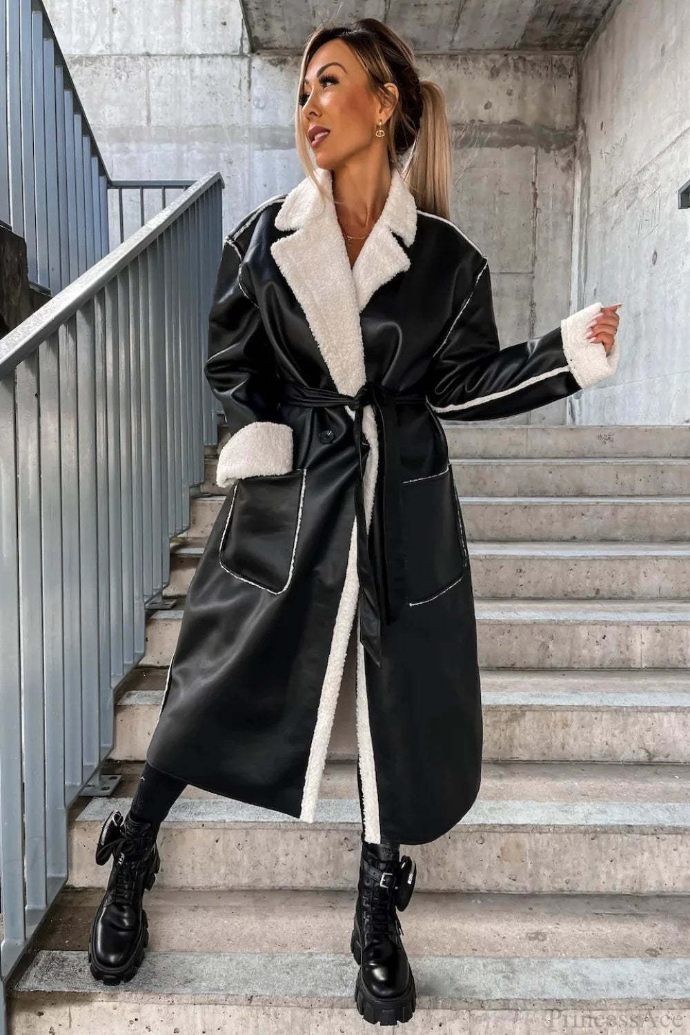 Leather Thickened Trench-Inspired Relaxed Tie Waist Overcoat Black / S