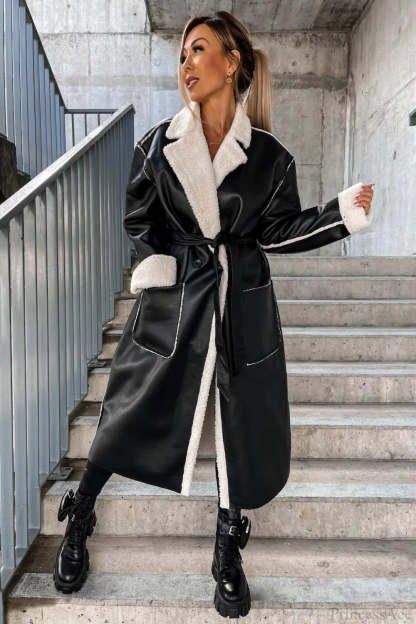 Leather Thickened Trench-Inspired Relaxed Tie Waist Overcoat Black / S