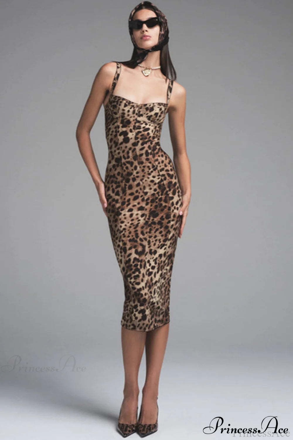 Leopard Print Bodycon Spaghetti Midi Dress Brown / S