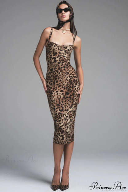 Leopard Print Bodycon Spaghetti Midi Dress Brown / S