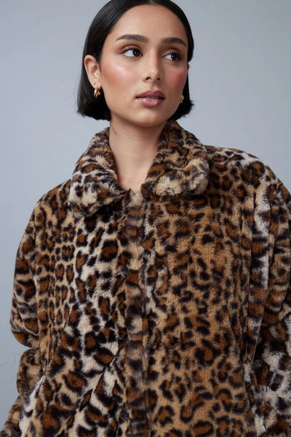 Leopard Print Faux Fur Collar Vintage Coat