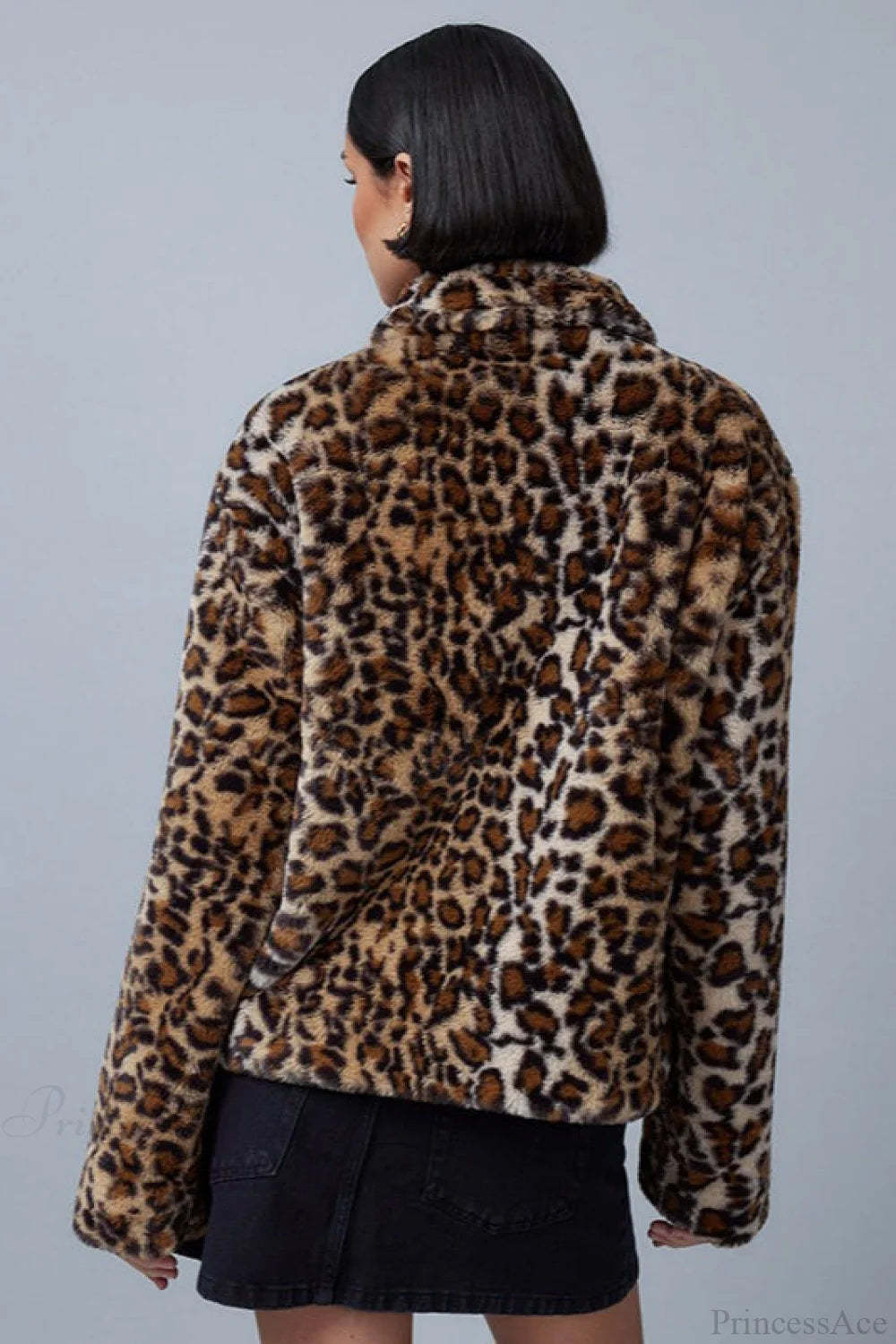 Leopard Print Faux Fur Collar Vintage Coat