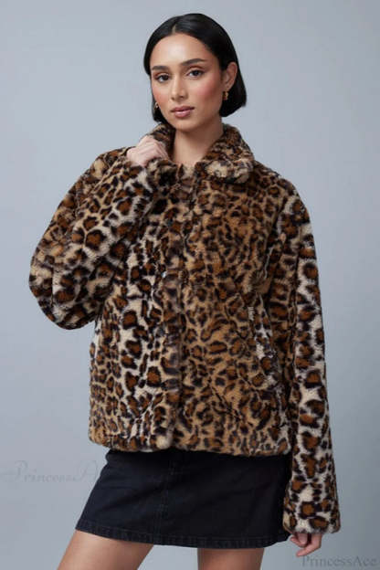 Leopard Print Faux Fur Collar Vintage Coat Leopard print / S