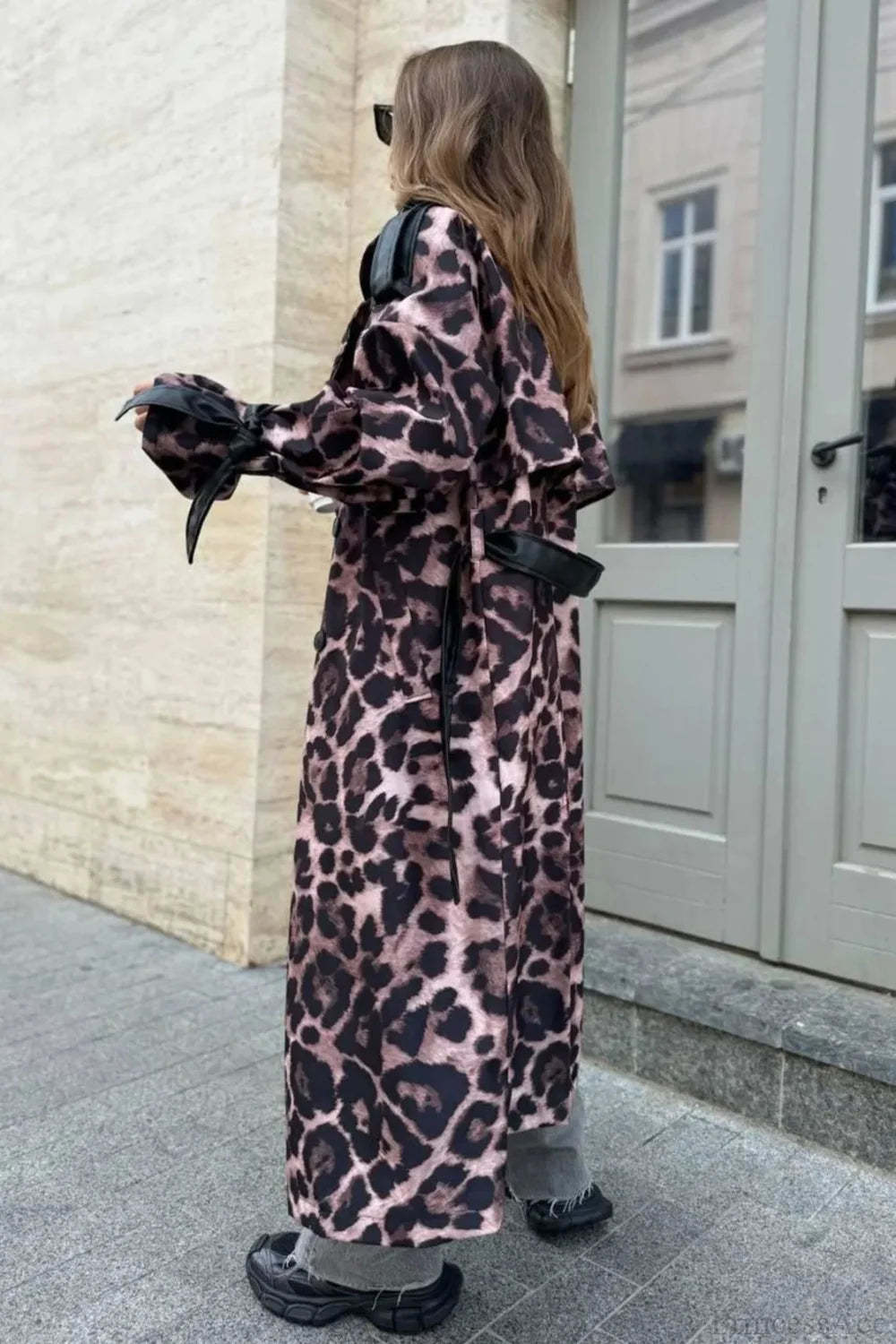 Leopard Print Faux Leather Oversized Elegant Longline Overcoat