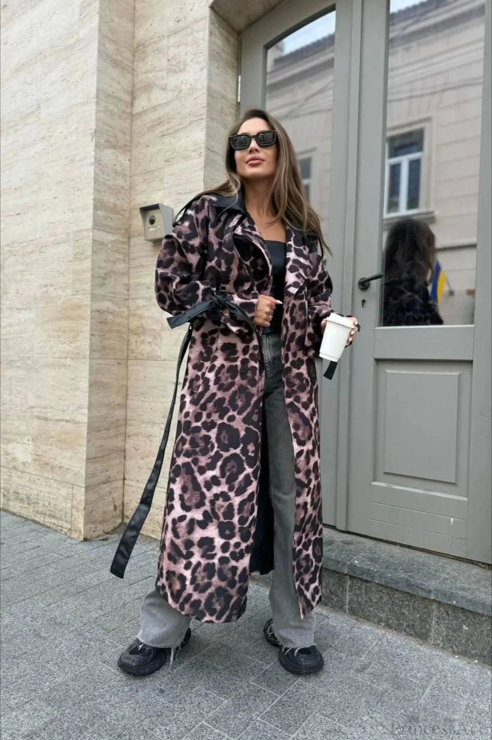 Leopard Print Faux Leather Oversized Elegant Longline Overcoat