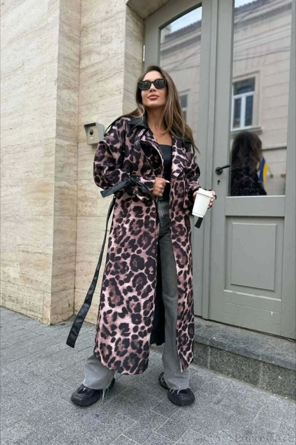 Leopard Print Faux Leather Oversized Elegant Longline Overcoat