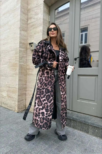 Leopard Print Faux Leather Oversized Elegant Longline Overcoat