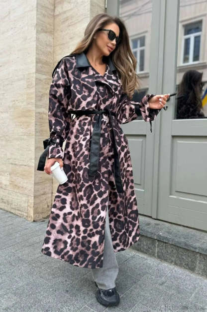 Leopard Print Faux Leather Oversized Elegant Longline Overcoat Leopard print / S