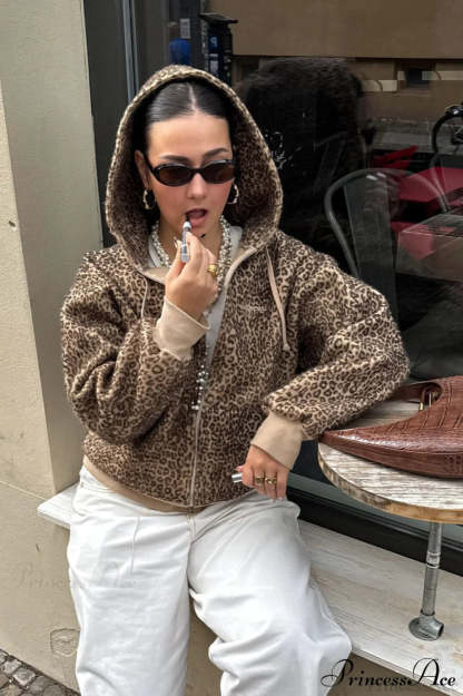 Leopard Print Fuzzy Zip Hoodie
