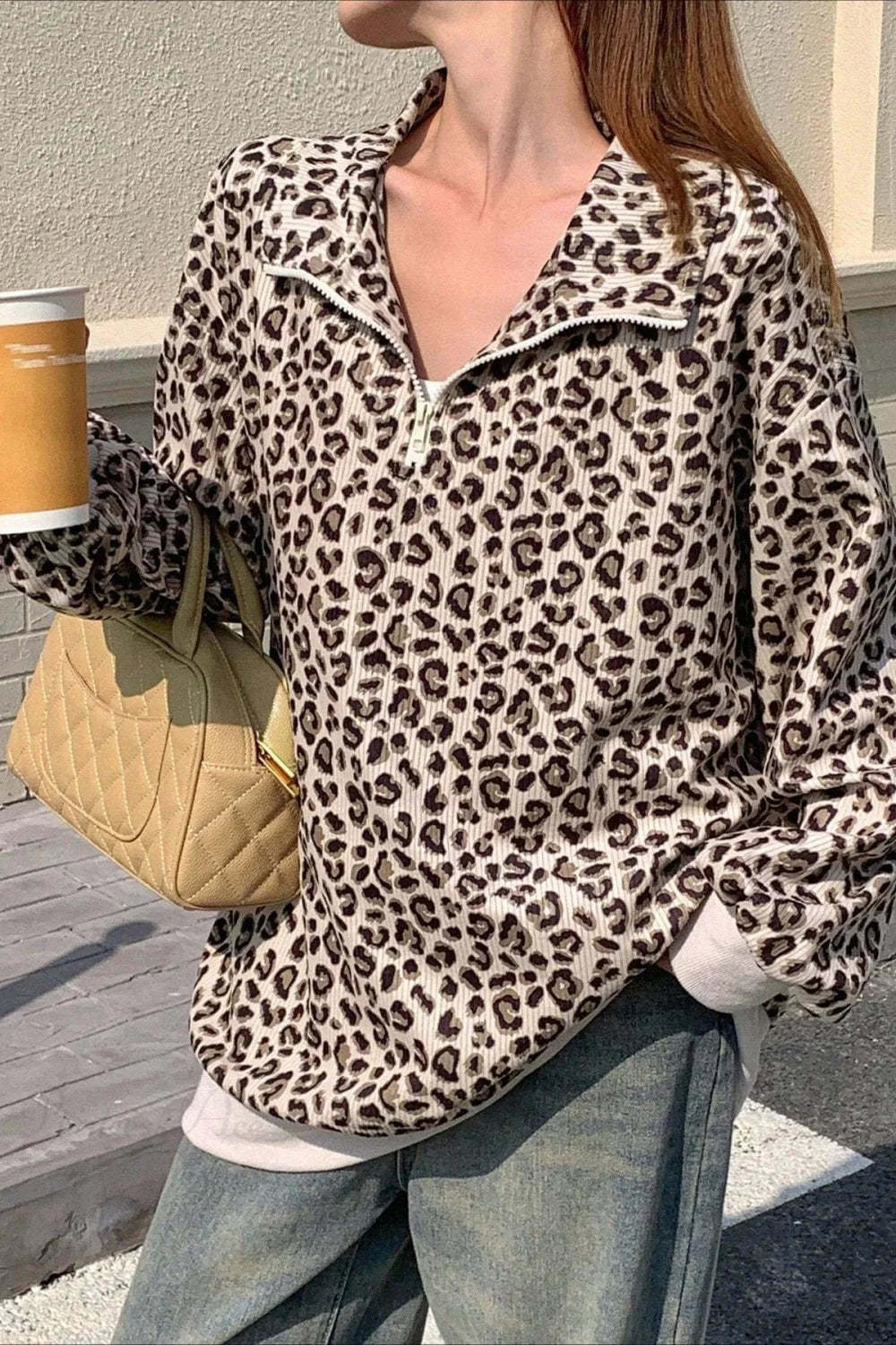 Leopard Print Half-Zip V-Neck Long Sleeve Sweatshirt