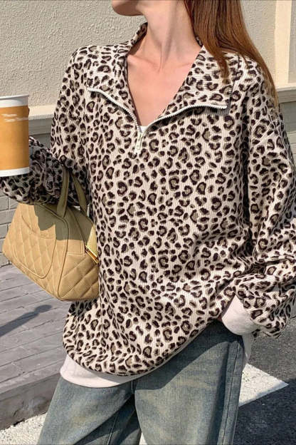 Leopard Print Half-Zip V-Neck Long Sleeve Sweatshirt