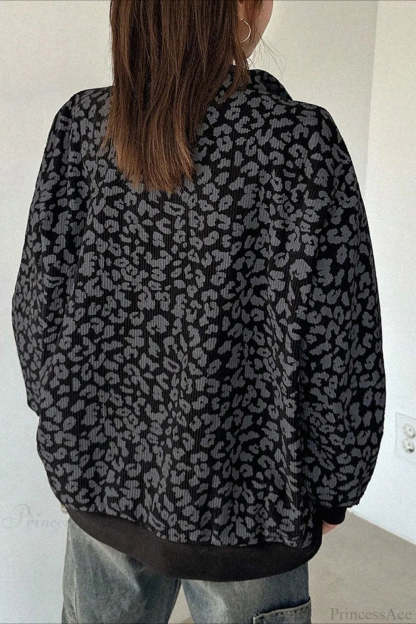 Leopard Print Half-Zip V-Neck Long Sleeve Sweatshirt