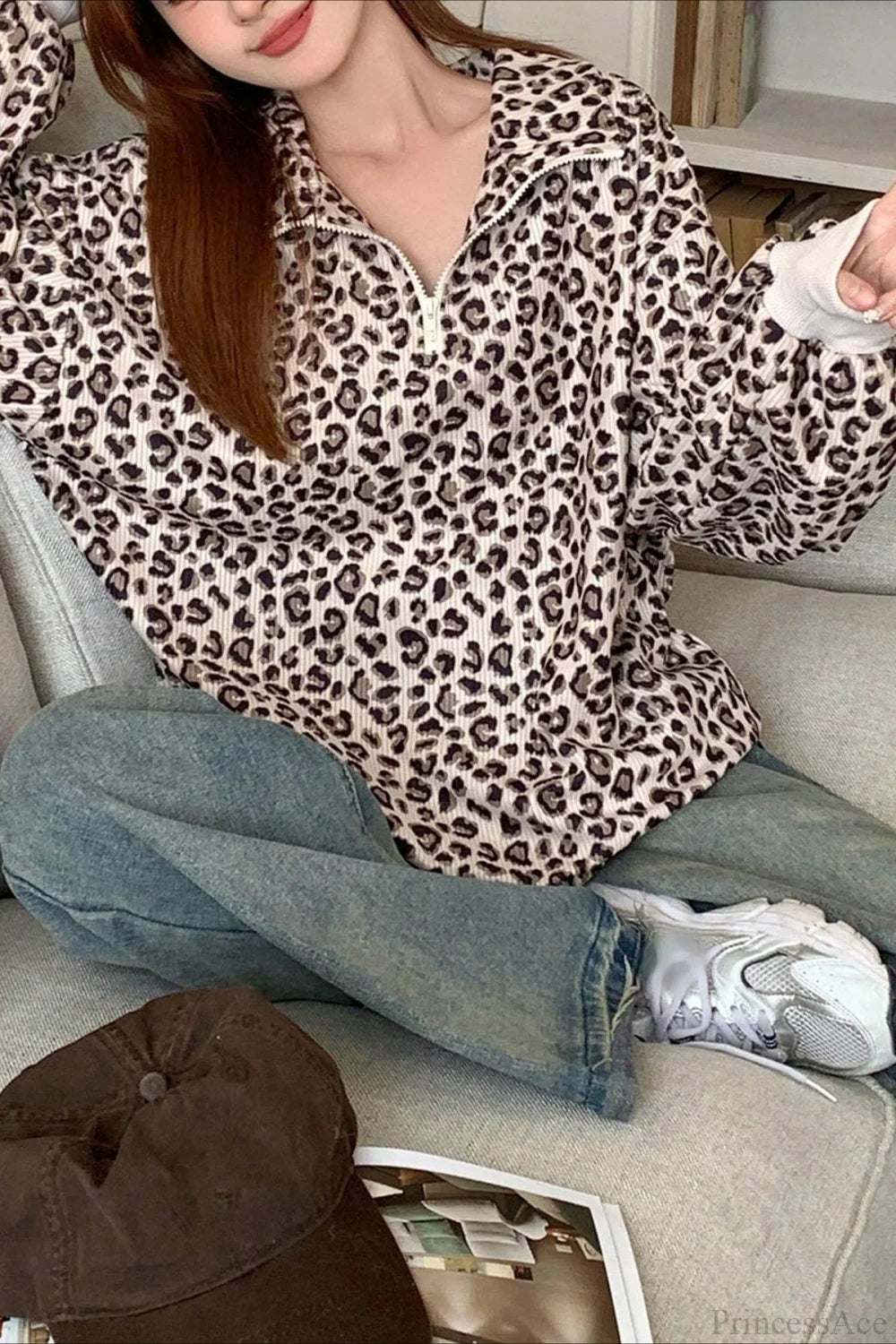 Leopard Print Half-Zip V-Neck Long Sleeve Sweatshirt