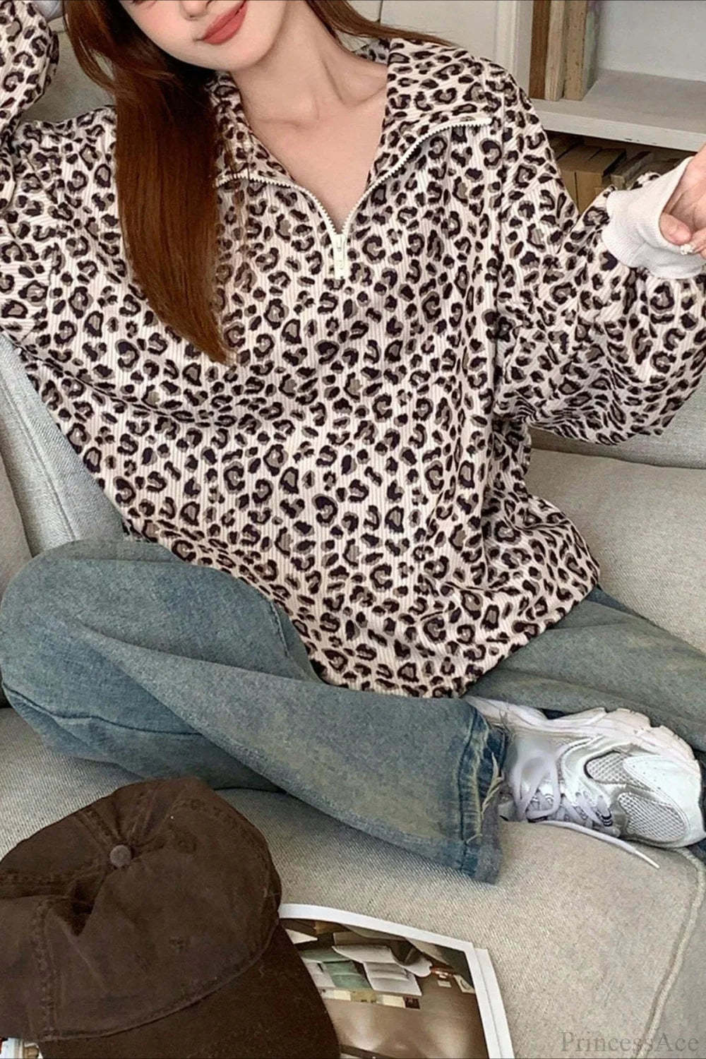 Leopard Print Half-Zip V-Neck Long Sleeve Sweatshirt