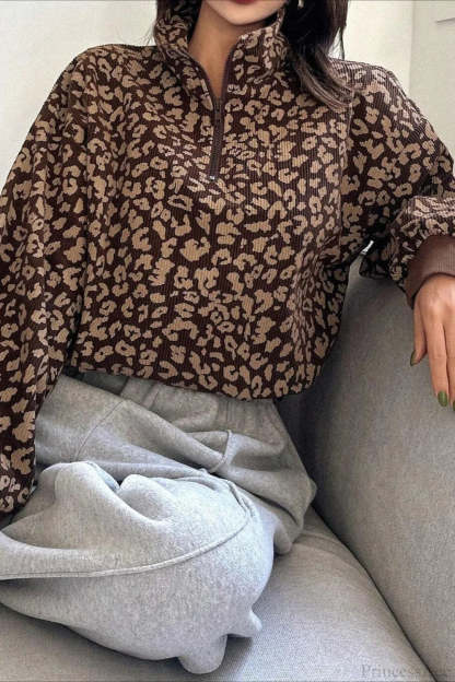 Leopard Print Half-Zip V-Neck Long Sleeve Sweatshirt