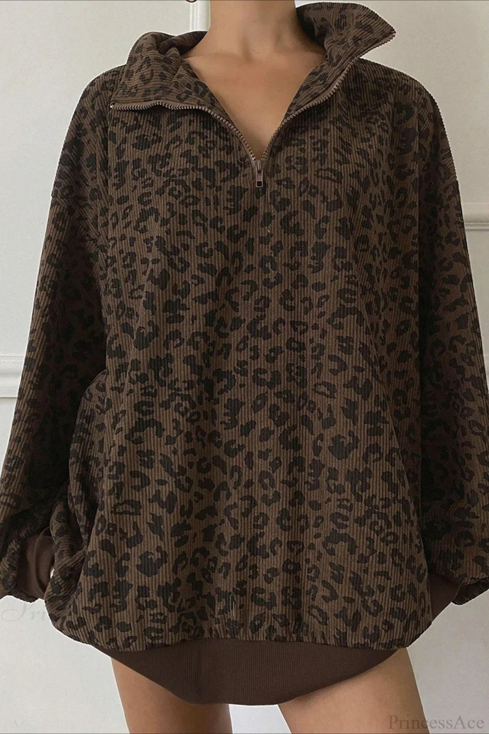 Leopard Print Half-Zip V-Neck Long Sleeve Sweatshirt