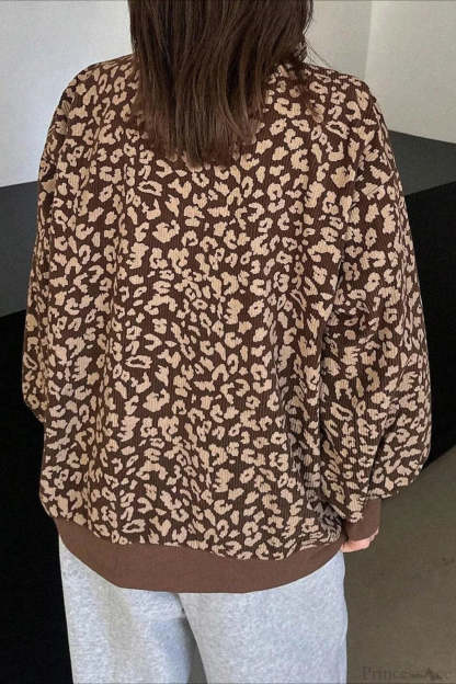 Leopard Print Half-Zip V-Neck Long Sleeve Sweatshirt