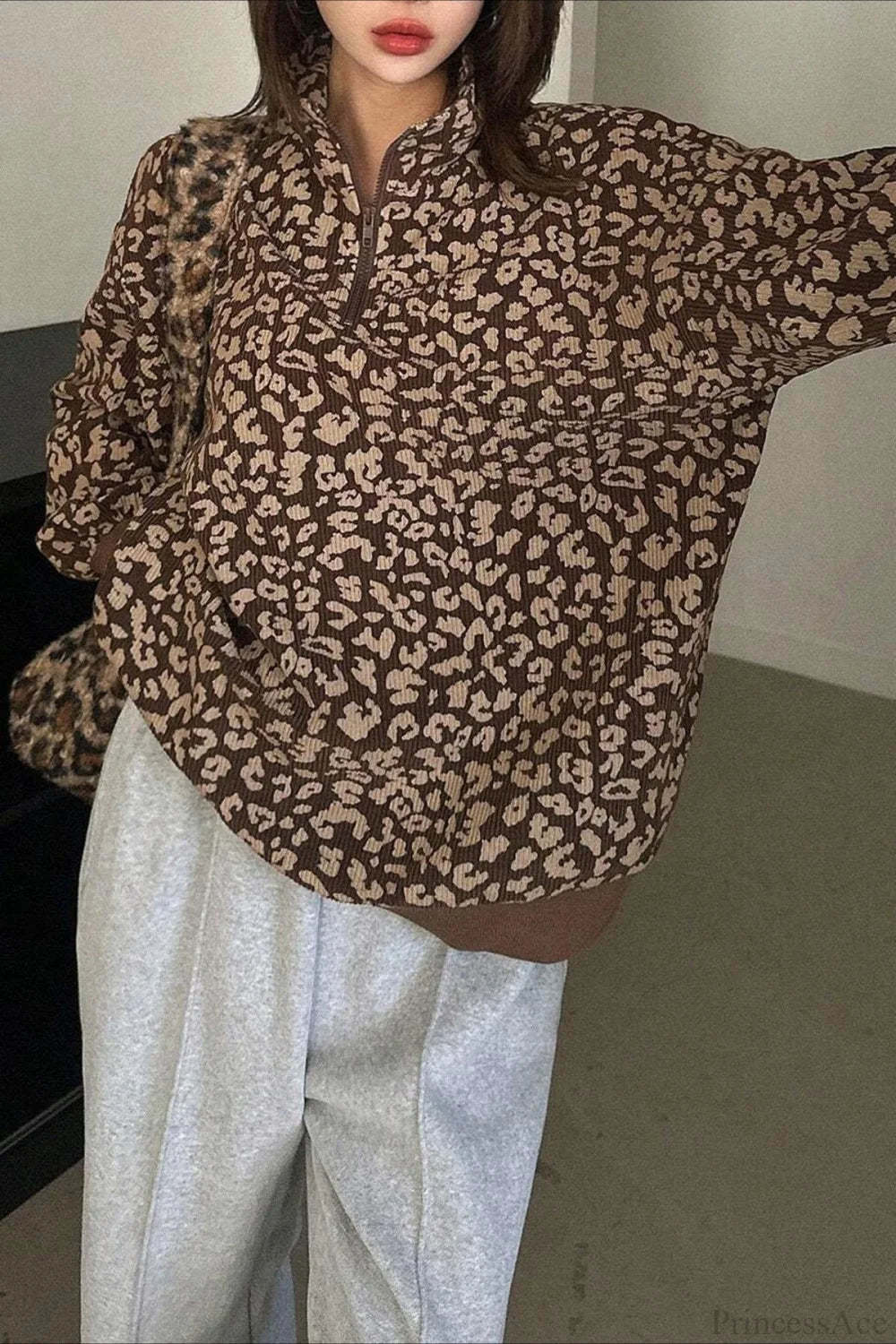 Leopard Print Half-Zip V-Neck Long Sleeve Sweatshirt