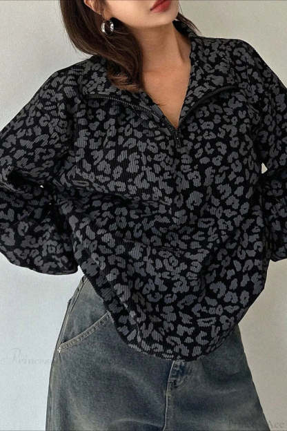 Leopard Print Half-Zip V-Neck Long Sleeve Sweatshirt Black / S
