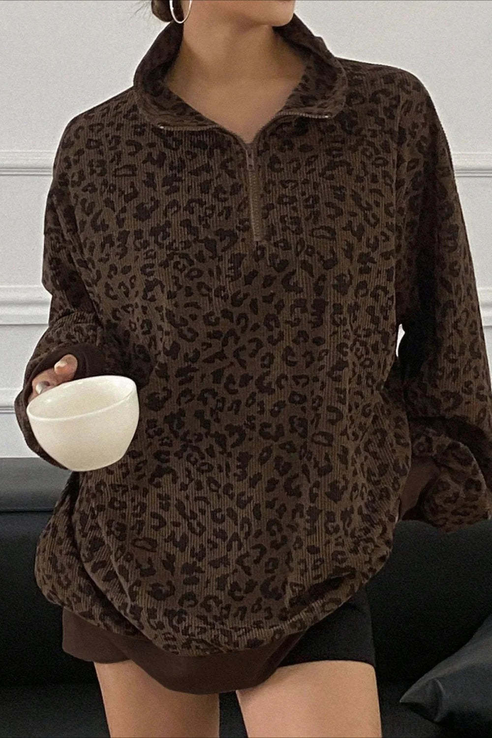 Leopard Print Half-Zip V-Neck Long Sleeve Sweatshirt Dark brown / S