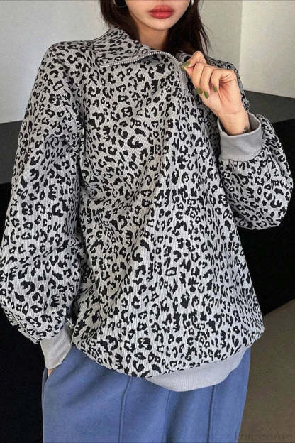 Leopard Print Half-Zip V-Neck Long Sleeve Sweatshirt Grey / S
