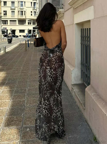 Leopard Print Mesh Slim Vacation Dress vacationdress-250223