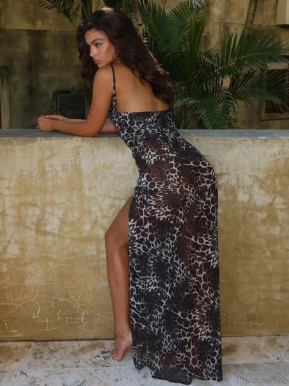 Leopard Print Mesh Slim Vacation Dress vacationdress-250223