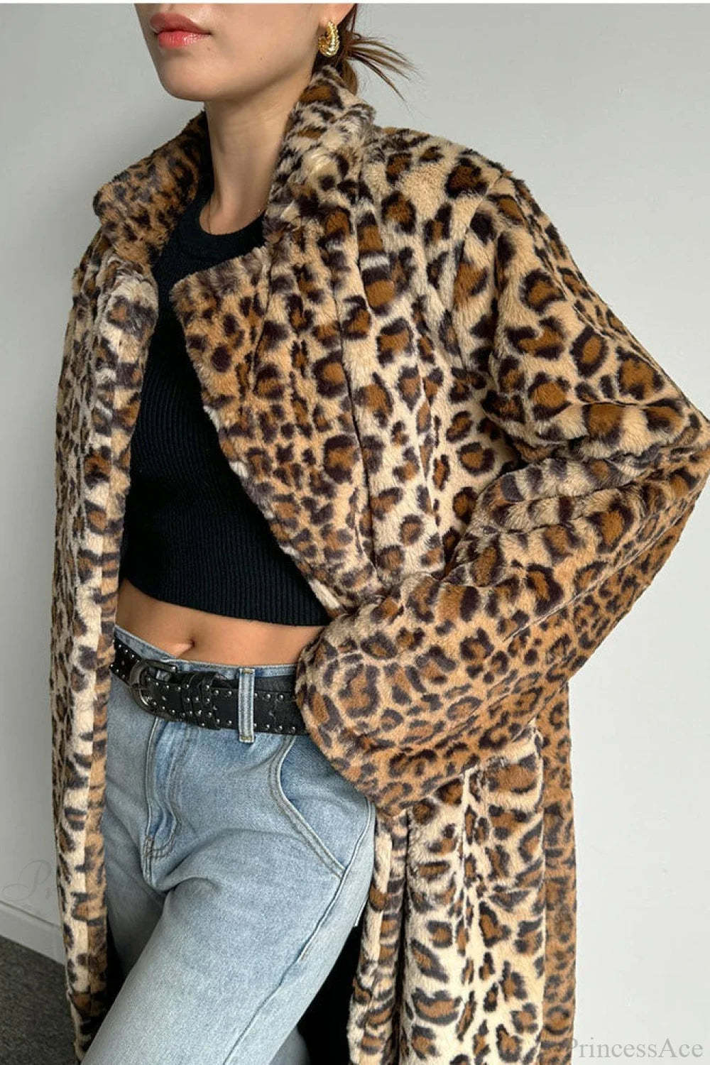 Leopard Print Notched Collar Longline Faux Fur Overcoat