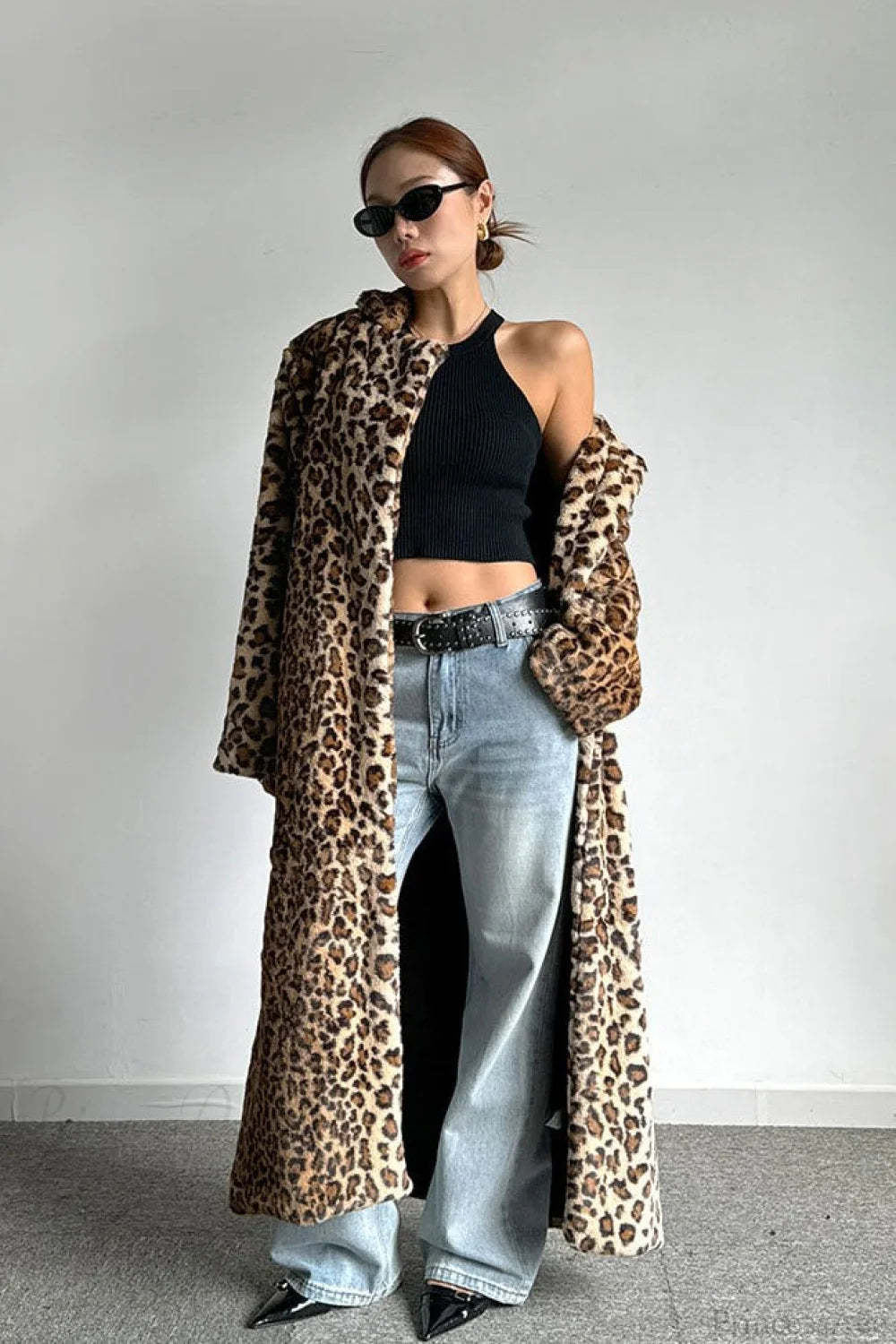 Leopard Print Notched Collar Longline Faux Fur Overcoat