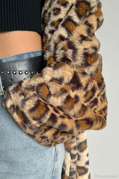 Leopard Print Notched Collar Longline Faux Fur Overcoat