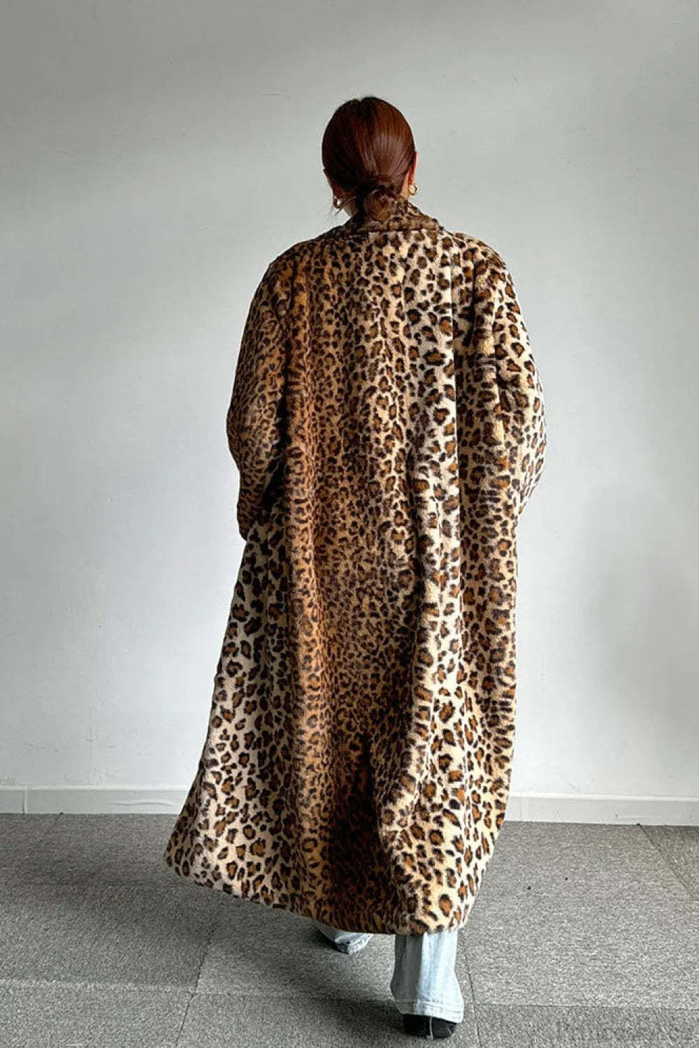 Leopard Print Notched Collar Longline Faux Fur Overcoat
