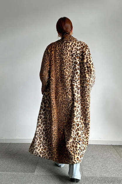 Leopard Print Notched Collar Longline Faux Fur Overcoat