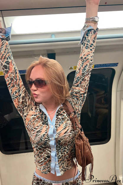 Leopard Print Panel Long Sleeve Blouse